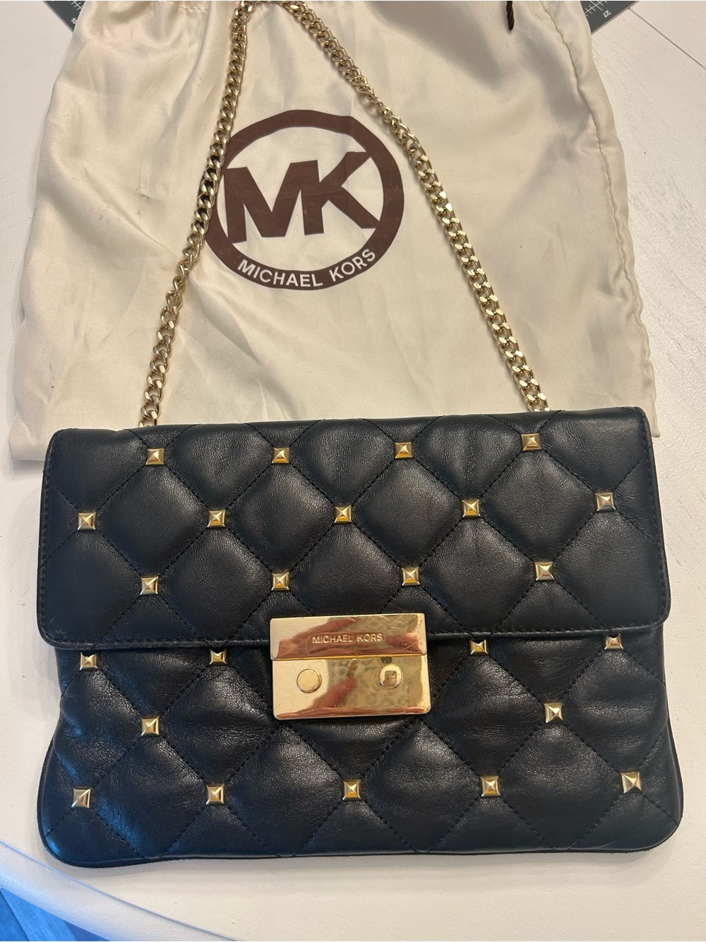 Michael Kors  black Quilted Leather Shoulder Bag with Gold Hardware